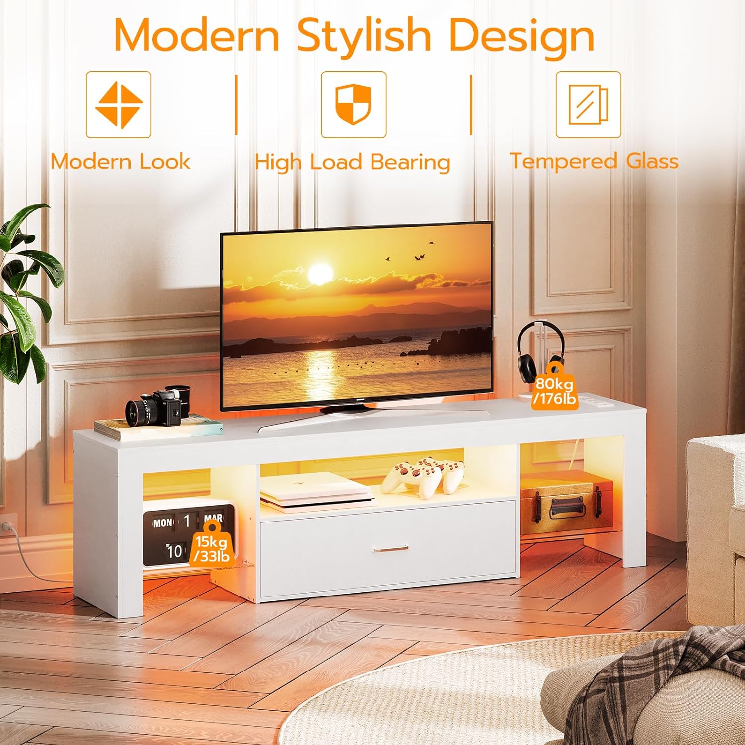 LED TV Stand with Power Outlet - Gaming Console Images avaliação e preço